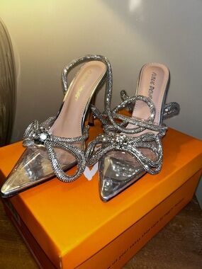 Public Desire Silver Crystal Bow Pointed Mules
